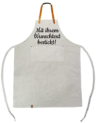 Grillschürze & Kochschürze mit Namen oder Wunschtext bestickt - Nackenband aus Leder - individuell personalisiertes Geschenk mit Stickerei (Grau)