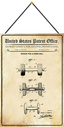 Blechschild mit Kordel 30 x 20 cm United States Patent Office: Design for a Dumb Bell 1928 - Blechemma