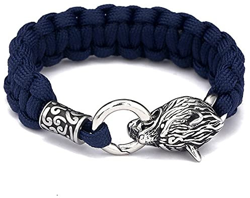 Tête De Loup Fenrir Bracelet Manchette Paracorde Tissée À La Main Bijoux Amulette Viking Nordique Chaîne en Acier Inoxydable,21cm