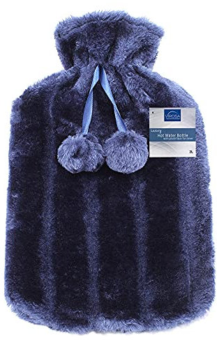 VIROSA Luxury Hot Water Bottle with Soft Faux Fur Cover & Pom Poms – 2 Litre Large Leakproof Rubber Bottle for Neck, Shoulder, Back Pain Relief & Hand and Feet Warmer (Royal Blue)