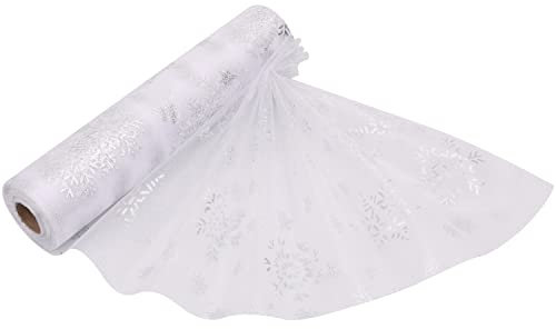 Trimming Shop 25m x 29cm Christmas Snowflake Organza Roll Snow Sheer Glitter Fabric for Xmas Tree, Christmas Wreath, Table Runner, Chair Sashes, DIY Gift Wrapping, New Year Party Decoration, White