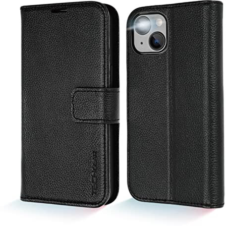 TECHGEAR Wallet Case for iPhone 14, Genuine Leather Magnetic Flip [RFID Blocking] Case with Shockproof TPU Holder, Card Slots, Stand Folio Cover Compatible with iPhone 14 6.1 2022, Black