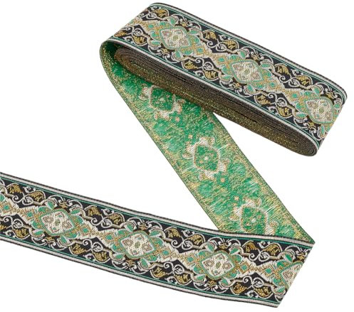FINGERINSPIRE 7m 50mm Diamant Blume Metallic Jacquard Band Geometrisch Schwarz Grün Polyester Boho Jacquard Bänder Gobelin Fransen Trim Stickerei für DIY Kleidung Zubehör Verzierung Dekorationen