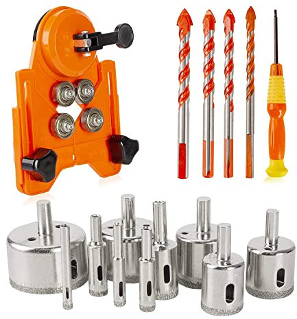 16 PCS Diamond Drill Bit Tile Hole Saw Set Adjustable Hole Saw Guide Jig Fixture and Ultimate Triangle Drill Bits Set for Tile, Ceramic, Glass, Porcelain, Marble