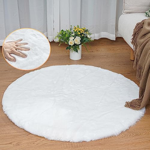 ORINOVA Teppich Rund Schlafzimmer Flauschig Waschbar Weiß 90 cm Fellteppich Kunstfell Teppich Wohnzimmer Kinderzimmer Deko Kuschelig