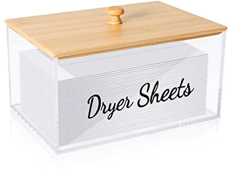 JYPS Acrylic Dryer Sheet Holder with Bamboo Lid, Laundry Dispenser Container with Dryer Sheet Label, Washing Tablets Storage Box, Transparent Organiser for Dryer Balls/Laundry Pods/Laundry Sheets