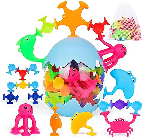 Jouets à Ventouse, Jouets de Bain pour Enfants de 3 Ans, 50 Pièces Bebe Jouets d' Aspiration Silicone avec œufs de Dinosaure, Cadeaux Montessori Sensoriels pour Garçons et Filles âgés de 4 à 8 Ans