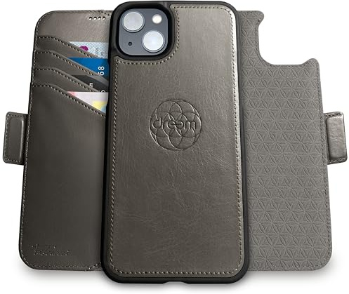 dreem Vegan Leather Magnetic Detachable Wallet Case for iPhone 15 Plus Grey | Revolutionary Vert/Hor Phone Stand, RFID Blocking Card Holder Flip Cover, MagSafe-Fit, Gift Box [Fibonacci: Grey]