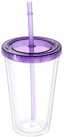 Uxcell Vaso acrílico con tapa y popote, vasos reutilizables de doble pared de 16 onzas para café helado, vasos de viaje transparentes para regalos de cumpleaños, personalización (morado)