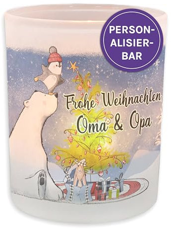 FEENSTAUB Windlicht Weihnachten Deko Winter, Teelichthalter Glas personalisiert mit Name, Deko Winter Innen, Kerzenglas, Tischdeko Windlicht mit Spruch, Teelicht Milchglas, Tischlicht