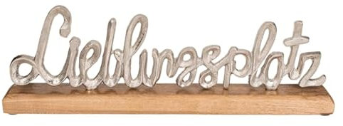 mucHome Deko Schriftzug Silber Lieblingsplatz auf Holz-Standfuß ca. 40 x 12 cm Dekoration Skulptur