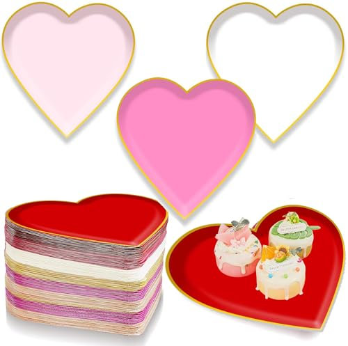 Bdecoll Lot de 48 assiettes en carton jetables en forme de cœur rouge rose pour Saint-Valentin, anniversaire, mariage, accessoire de fête