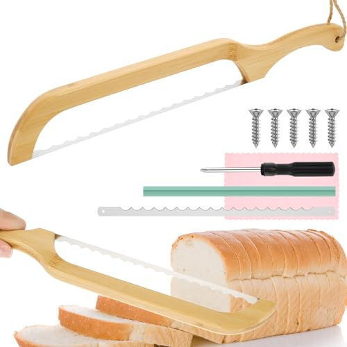 Bread Bow Cutter, Stainless Steel Bread Cutting Tool with Bamboo Handle, Sourdough Bread Slicer with Spare Saw Blade Saw Blade Protector and Blade Wipe for Homemade Bagels Bread Baguettes