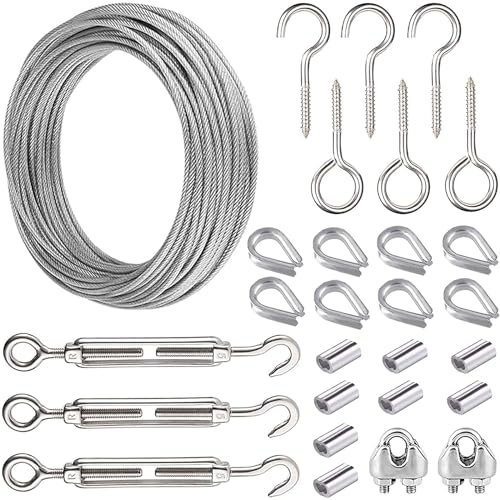 15 m Gartendraht-Pergola-Kits, robuste Bilder-Aufhängung, Edelstahl-Kabelgeländer, Metalldrahtseilklemmen, Hülsen, Haken, Spannschloss, Spalier für Kletterpflanzen (28 Stück)…