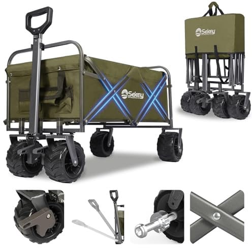 Sekey Bollerwagen Faltbar 200KG Schwerlast, Faltbarer Handwagen Extra Breite Reifen 17x10CM, Klappwagen Strand mit Bremsen, Klassisch 3017, Olivgrün