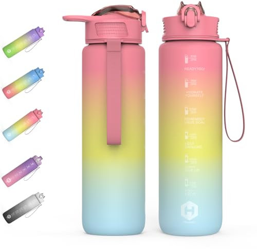 HOMEEX 1L (32oz) Motivational Water Bottle, BPA-free Sports Water Bottle with Time Marker - Quotes - One-Click Technology Ideal for Jogging, Hiking, Office, School, Adults, Children (Blue & Orange)