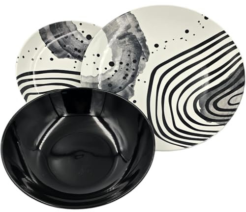 VAJILLA PORCELANA GRES MORDERNA CALIDAD 6 PERSONAS (18 PIEZAS) BLANCO NEGRO
