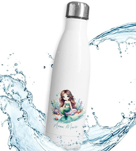 timalo® Thermosflasche personalisiert mit Namen auslaufsichere Edelstahl Trinkflasche Wasserflasche für Kinder Mädchen Jungen 750mL | Meerjungfrau