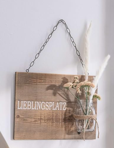 Dekoleidenschaft Schild Lieblingsplatz aus recyceltem Holz mit Glasvase, Wanddeko mit Schriftzug, Wandschmuck, Dekoschild, Wandbild, Hängedeko