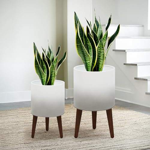 ARNIS Moderne Pflanztöpfe Metall Pflanzkübel mit Ständer 2er Set Große Dekorative Blumentöpfe mit Drainagelöchern für Wohnzimmer, Büro, Garten oder Balkon Weiß&Grau