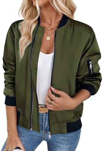 Zeagoo Chaqueta para Mujer Bomber Ligera Corto otoño Invierno Manga Larga cremalleras Cazadora Moda casual Abrigo Verde militar l