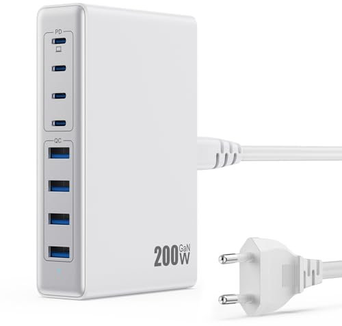 200W Chargeur USB C Multiple, 8-Port GaN III Prise USB C Chargeur Rapide QC4.0+PD 65W Chargeur USB C pour Ordinateur Portable Alimentation Adaptateur pour MacBook Pro/Air, iPhone, Samsung etc.(Blanc)