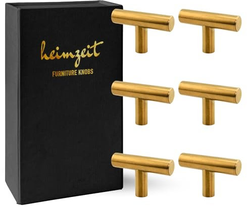 heimzeit Schrankknöpfe für Türen, Schubladen und Kommoden aus hochwertigem Edelstahl [6 Stück, T-förmig] Farbe: Gold, Stilvolles Design, Möbelknöpfe mit Einlochgriff und Schrauben