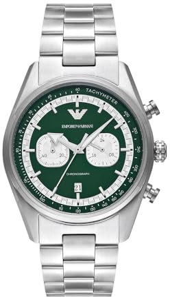 Emporio Armani Watch for Men, 2 sub dial Chronograph Movement and 43mm Case Size with Stainless Steel, Leather or Silicone Strap Grün und Silberton, 42MM