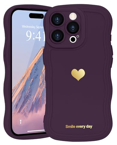 LAPOPNUT Wavy Cute Silicone Phone Case for iPhone 16 Pro, Dark purple | Girly Heart Wave Bumper,Aesthetic Cover for Women Girls,Curly Shockproof Raised Camera Protection,Soft Pretty Lovely