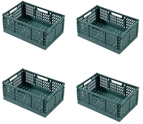heqxwl 4 Stück Faltbare Kunststoff Aufbewahrungsbox, Einkaufskiste Klappbar, Stabil Klappboxen Faltbar für Küche, Büro, Schlafzimmer, Schrank, Schublade (Grün, S)