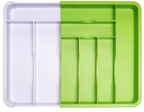 ANJUKE Besteckkasten für Schubladen 30 50, Kunststoff Besteckeinsatz (Tiefe 33 cm), BPA-freiem Material, Mehrzweck Schubladen Organizer Küche für Besteck, Cutlery, Geschirr, Löffel, grün & weiß