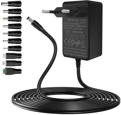 Gonew21 Alimentatore da 12 V, 3 A, adattatore AC, 10 connettori DC, cavo da 2 metri, alimentatore universale da 36 W, adattatore AC/DC 200-240 V, 50-60 Hz, trasformatore, striscia LED, router, più