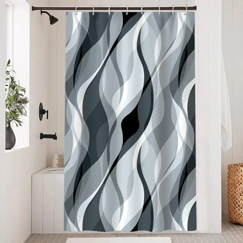 Uiiooazy Rideau Douche Anti Moisissure, Rideau de Douche Gris Abstrait Rayures Bleu Rayé Rideaux de Baignoire Tissu Imperméable Lavable Polyester Rideaux Salle de Bain avec 8 Crochets 120x200cm