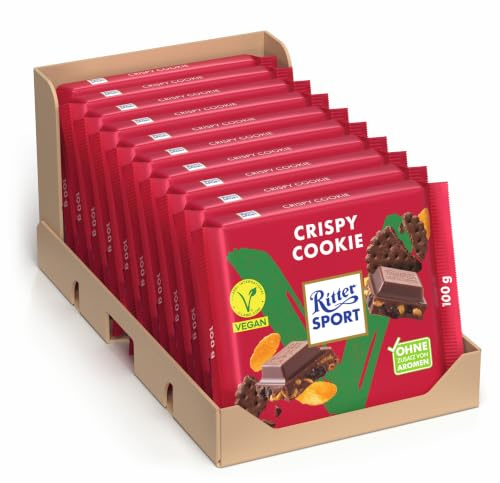 Ritter Sport - Crispy Cookie Schokolade - vegan, Schokolade mit knusprigen Keksstückchen, cremig & knusprig, perfekt zum Naschen und Genießen, Geschenkidee, Kiste mit 10 x 100 g