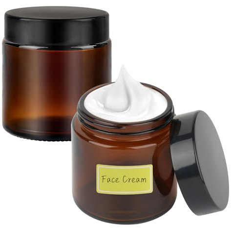 100ml Amber Glass Jars, 2 Pcs Empty Cosmetic Jars with Lids und Inner Liners, Travel Pots with Spatula and Labels for Toiletries, Cosmetics, Powder, Lotion, Creams Containers