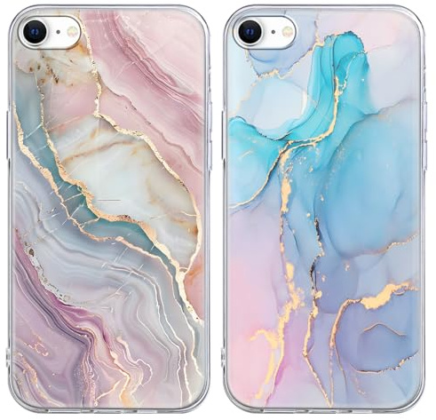 Phoona 2 Stück Handyhülle für iPhone 16e/iPhone SE 2025/iPhone SE4 Hülle 6,1, Marmor Glitzer Motiv Aesthetic Silikon Weiche TPU Durchsichtig Schutzhülle Kratzfeste Stoßfest Case für Mädchen,16