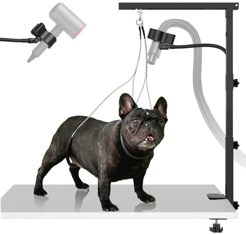 Dog Grooming Arm with Metal Clamp, Dog Grooming Table Arm & Hair Dryer Stand Hands Free Blower Hose Holder 2 in 1, Adjustable Grooming Arms for Tables with Loops for Groomers for Small Medium Pets