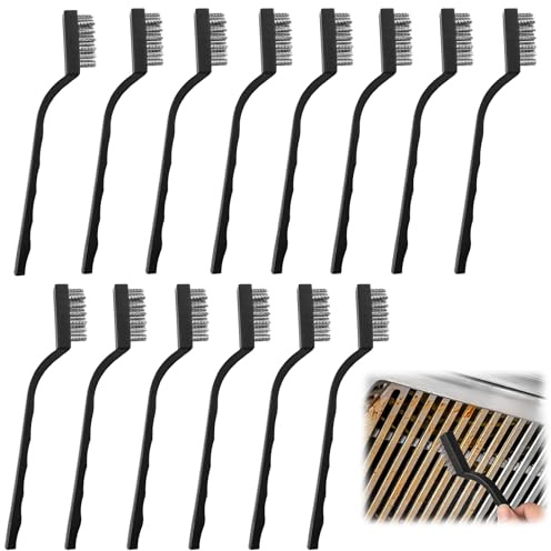 17cm Edelstahl Drahtbürste mit Aufhängeloch und Gebogenem Kunststoffgriff | 15 Stück Drahtbürsten Set, Reinigung Kratzbürsten Set, Klein Drahtbürsten zum Reinigen, Entrosten, Entfetten und Entgraten
