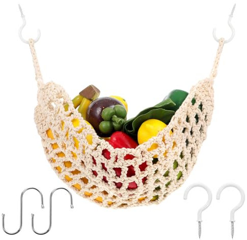 Tucnoeu 1PC Obstnetz zum Aufhängen, Hängender Obstkorb und 4 Haken, Obstkorb Hängend für Küche, Boho Stil, Makramee Design