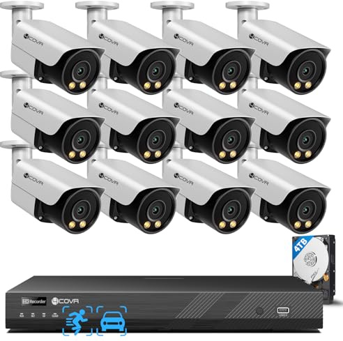 4COVR Überwachungskamera Aussen Set, 16CH PoE CCTV System mit 4TB NVR, 12X 8MP IP Bullet Kamera IP67 für Außen, 2-Wege-Audio & Farbnachtsicht, KI Personen-/Fahrzeugerkennung, DLY37YX8M1612