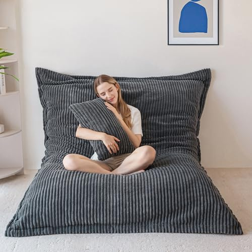 MAXYOYO Sitzsack, Riesen Bean Bag,Cordstoff Abnehmbar,Grau,150 * 203 * 25 | Großes Bodenkissen für Erwachsene&Kinder, Cordstoff Abnehmbar, Flauschiger Schaumstoff Füllung, 3-in-1 vielfältig umwandelbar