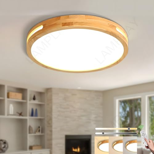 LAMPLAY Runde Holz-Deckenleuchte, Ø50cm, Dimmbare LED-Lampe, Naturholz, Fernbedienung, 3000K–6000K, 36W, Seitliches Hohldesign, Schlafzimmer Wohnzimmer Arbeitszimmer Kinderzimmer Küche Esszimmer