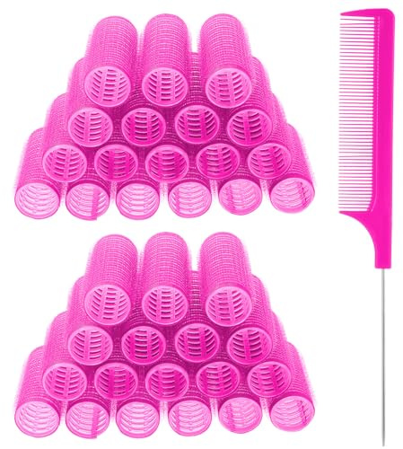 18pcs Self Grip Small Hair Curlers Set, Heatless Rollers Hair Curler Nylon Roller Set with Rat Tail Comb Hairdressing Tools for Women Salon Hairdressing Curlers Rollers(Rose red)
