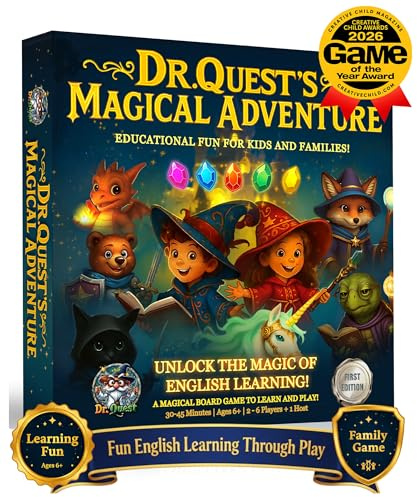 Dr. Quest's Magical Adventure–Educational Board Game for Kids Ages 6-9 – Spelling & Grammar Learning Game for Early Elementary | 180 Questions | Screen-Free Homeschool & Family Game | 2-6 Players