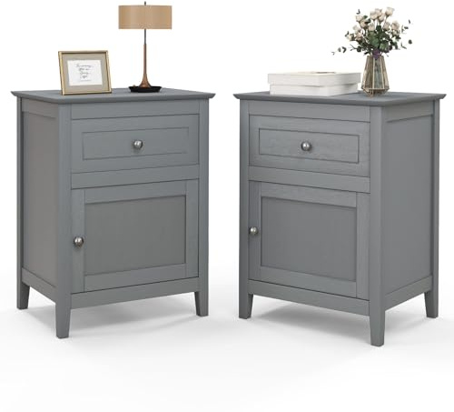 RELAX4LIFE 2er Set Nachttisch, Nachtschrank aus Kiefernholz, Beistelltisch mit 1 Schublade & 1 Magnettürschrank, großer Stauraum, Nachtkästchen modern für Wohnzimmer Schlafzimmer Arbeitszimmer (Grau)