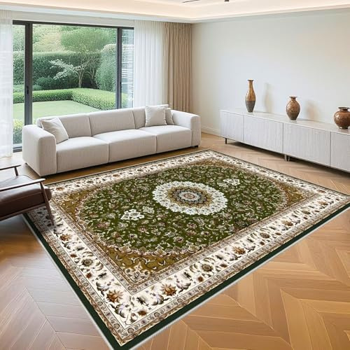 QGYFRE Teppich Wohnzimmer Groß Für Balkon 100x200cm Grün Vintage Blumenmuster das Auslegware Teppichboden