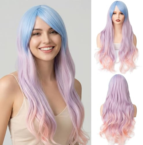 PARXITN Perücke Damen Ombré Blau Pink Lila Perücke mit Pony 28 Zoll/70 cm Lang Gewellten Lockig für Frauen Cosplay Halloween Kostüm Karneval Fasching