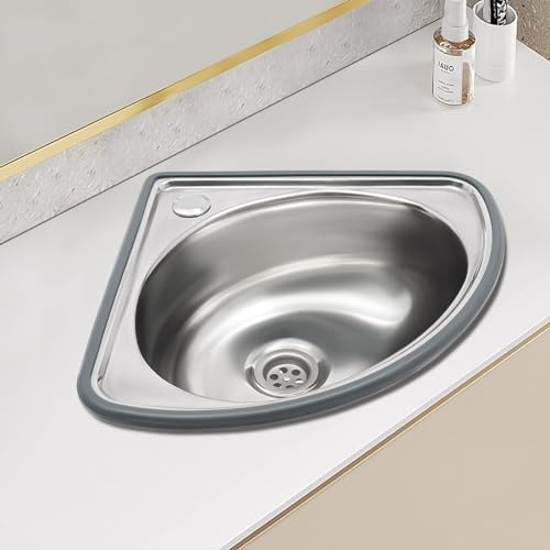 Petit lavabo mural pour salle de bain, lavabo d'angle triangulaire, mini lavabo d'angle en acier inoxydable, pour camping-cars et petits espaces, 17 x 14,5 pouces, grand lavabo triangulaire argenté
