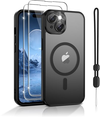 Jshru for iPhone 15 Case,Magnetic Shockproof,Full Camera Protection Black | Compatible with Mag-safe,with Lanyard and HD Screen Protectors,Durable & Sturdy,Slim Translucent Protective Phone Cover