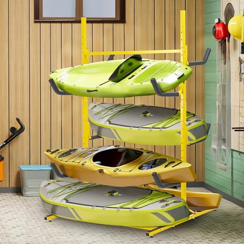 WEJIUAFB Heavy Duty Adjustable Freestanding Kayak Storage Rack, 4-Tier 6-Place Kayak Stand for Garage, Indoor/Outdoor Paddle Board SUP Canoe Storage Holder with Padded Arms, 530LBS Capacity